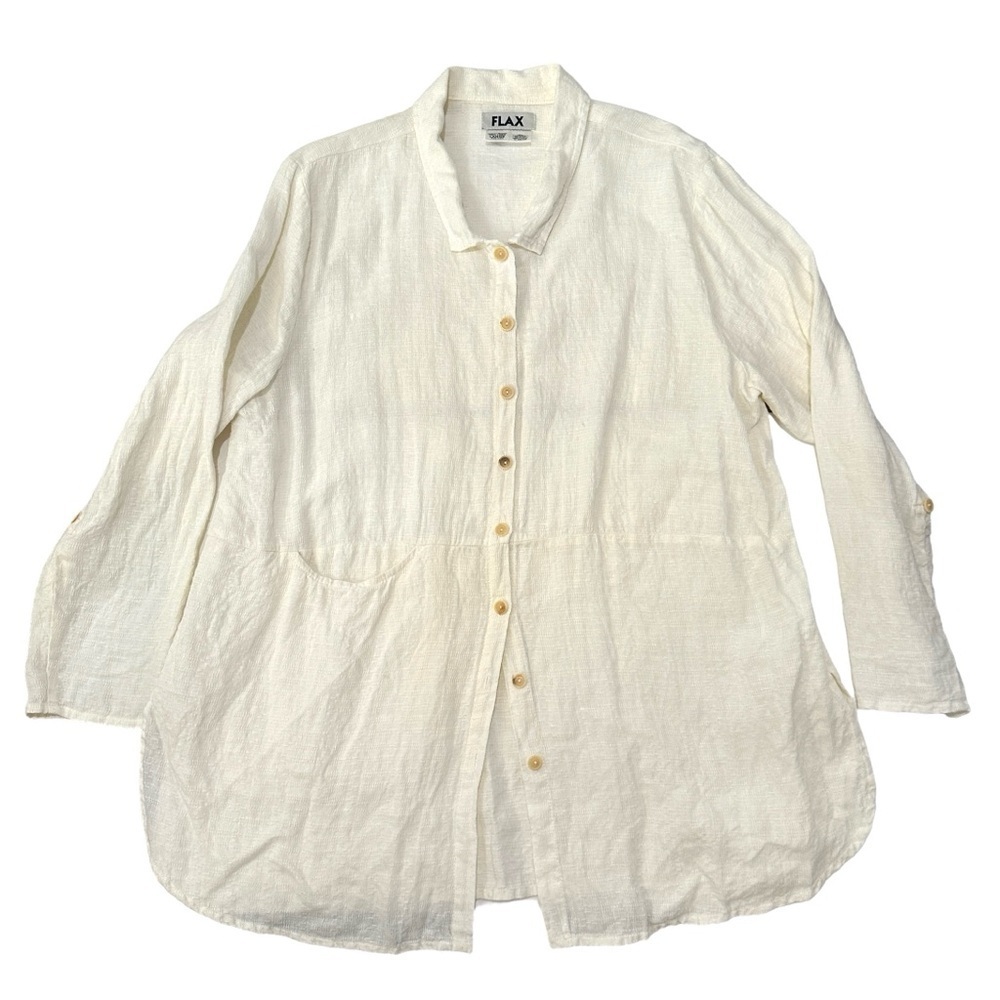 Flax Linen Long Sleeve Button Down Shirt Lagenlook Relaxed Large Roll Up sleeve